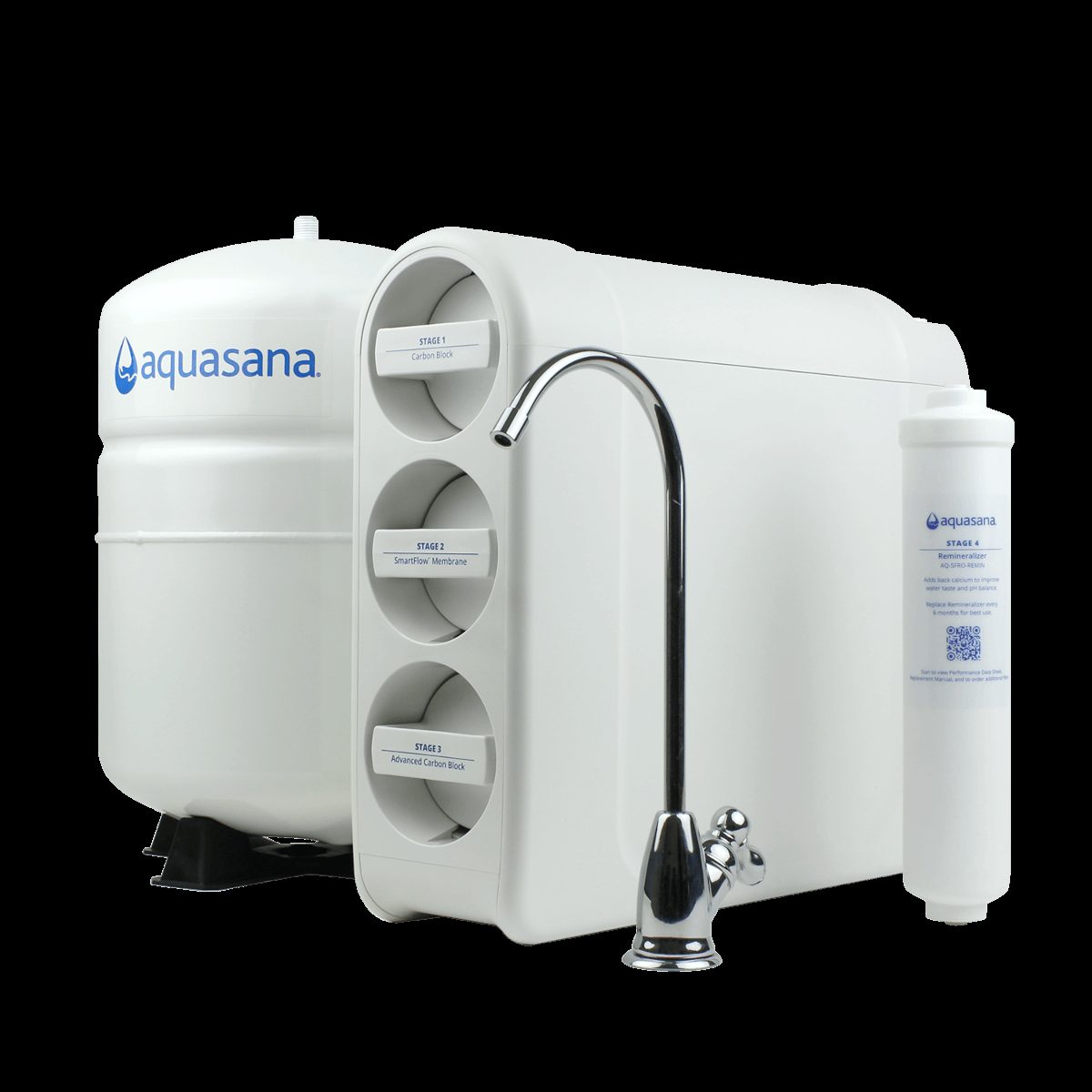 Aquasana SmartFlow reverse osmosis under-sink system with tank, filter housings, and dedicated faucet